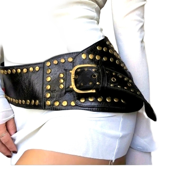 Belt M L Wide Studded Rocker Belts Retro Punk Fashion Brown Black Belt - Picture 3 of 14